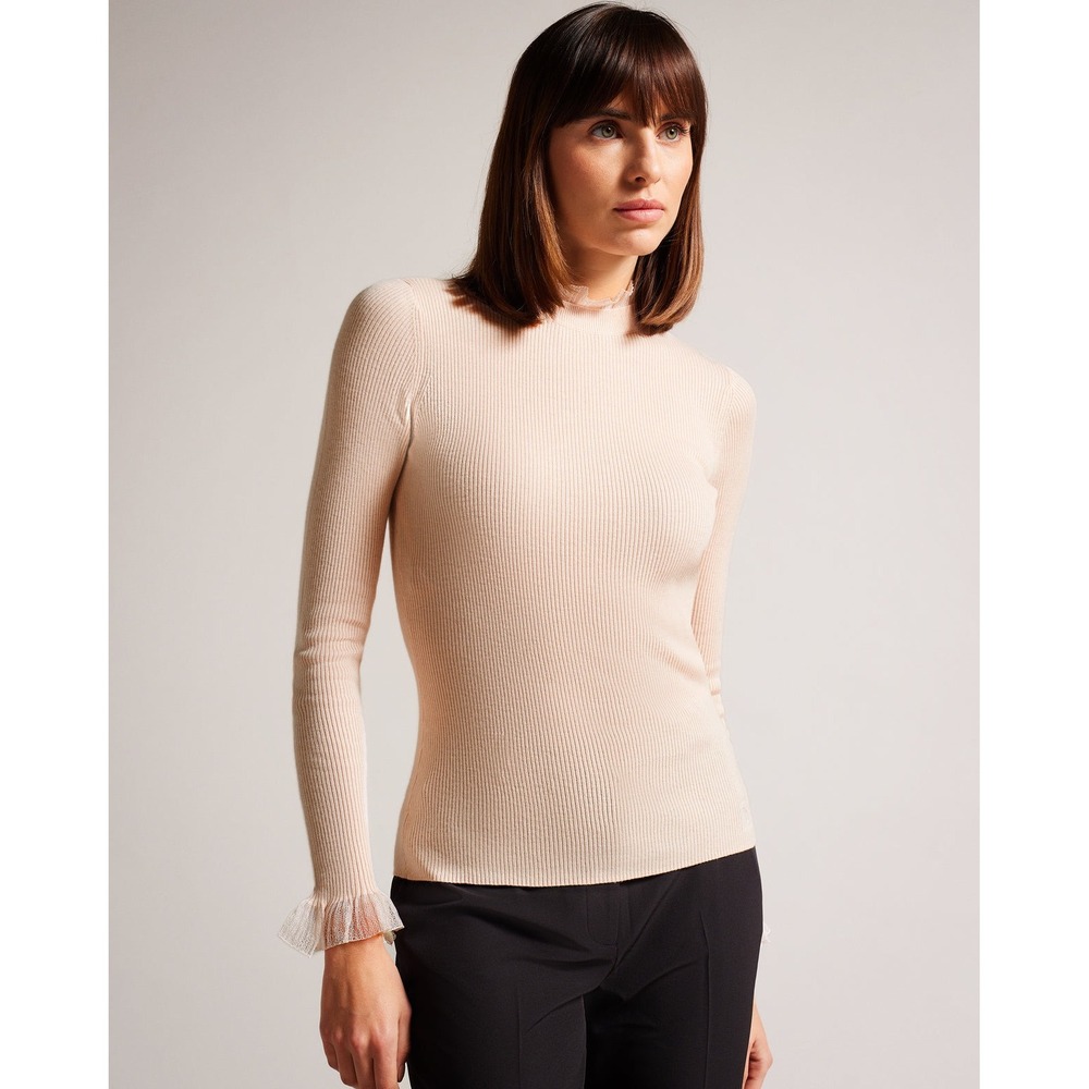 Ted Baker Dvana Frilled Trim Ribbed Sweater Dusky Pink Size 3